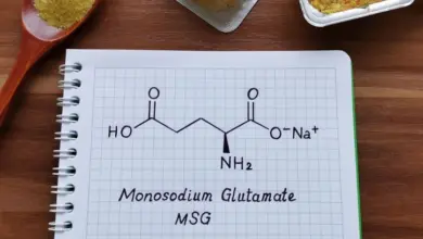 Struktura molekuly mononátriového glutamátu na sešitě vedle potravin.