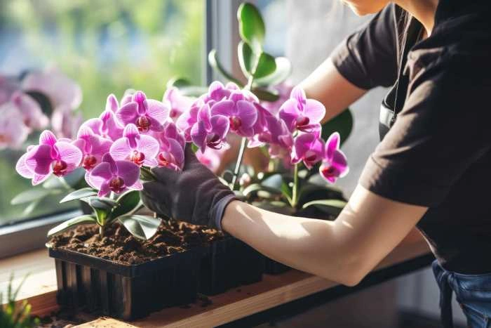 Osoba v rukavicích přesazuje fialovou orchidej do květináče.