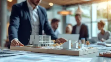 Architektonický model budovy na schůzce s odborníky.