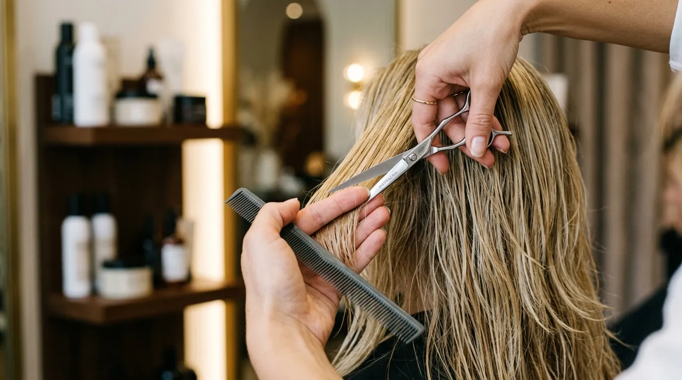 Stylista stříhá blond vlasy hřebenem v kadeřnictví.