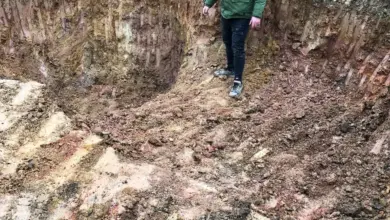 Muž stojí v vykopaném jámě pro budování zahradního koupacího biotopu.