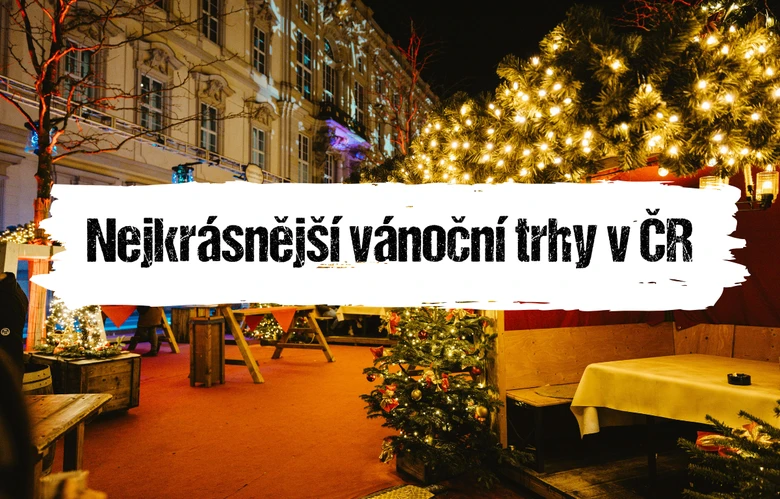 Vánoční trh s ozdobenými stromy a budovami v ČR