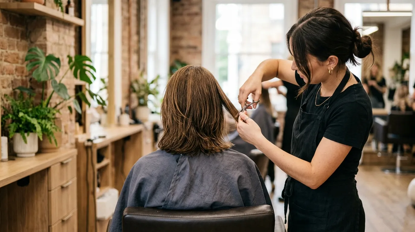 Stylista stříhá klientce vlasy v kadeřnickém salónu.