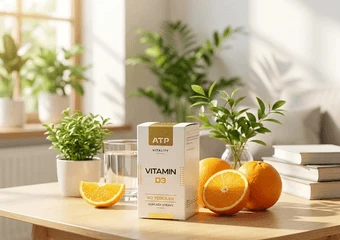 Bílá krabička vitamínu B6 na dřevěném stole s pomeranči a rostlinami.