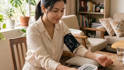 Žena měří krevní tlak na paži pomocí elektronického přístroje.